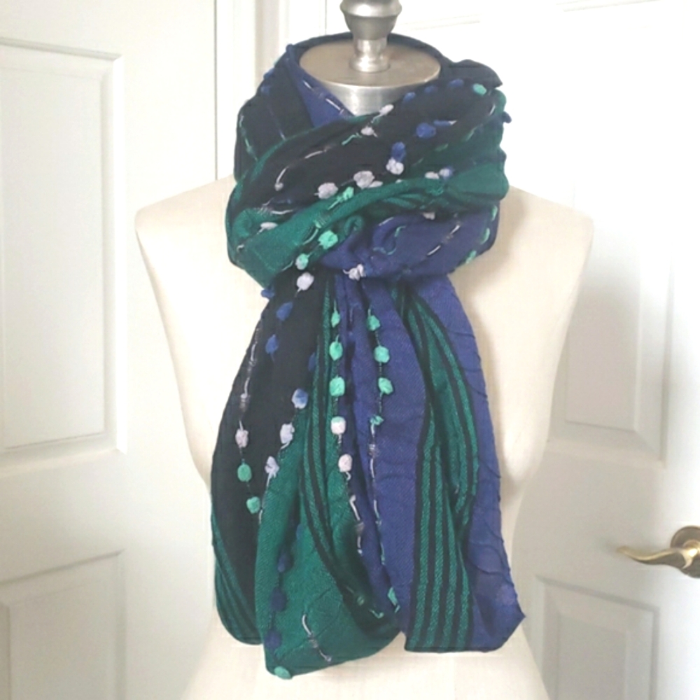 Oversized Infinity Scarf Black Blue Green Colorblock Textured Knit Pom Poms Cozy - Picture 2 of 7